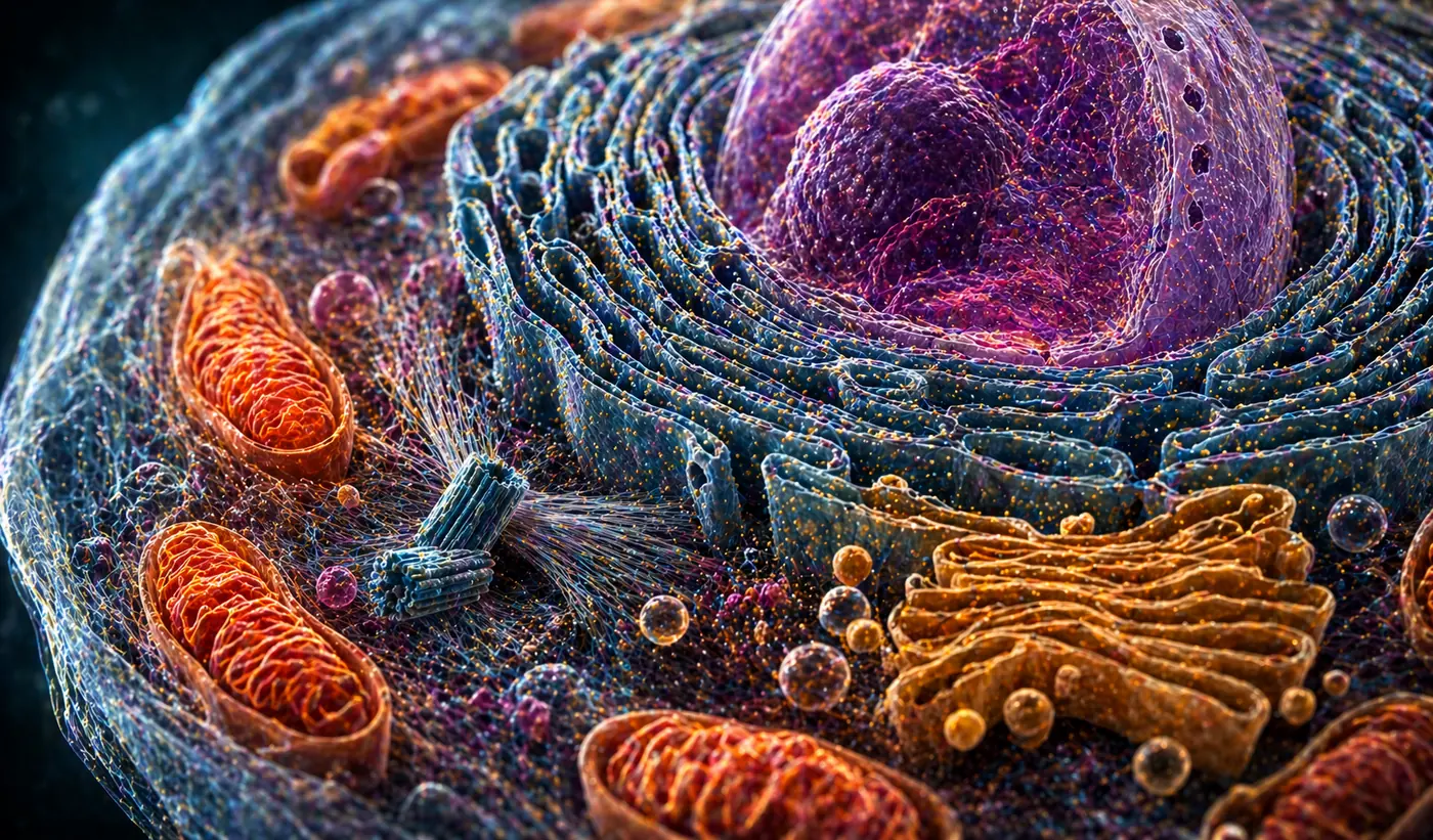 Detailed eukaryotic animal cell showing nucleus, mitochondria, endoplasmic reticulum and Golgi apparatus