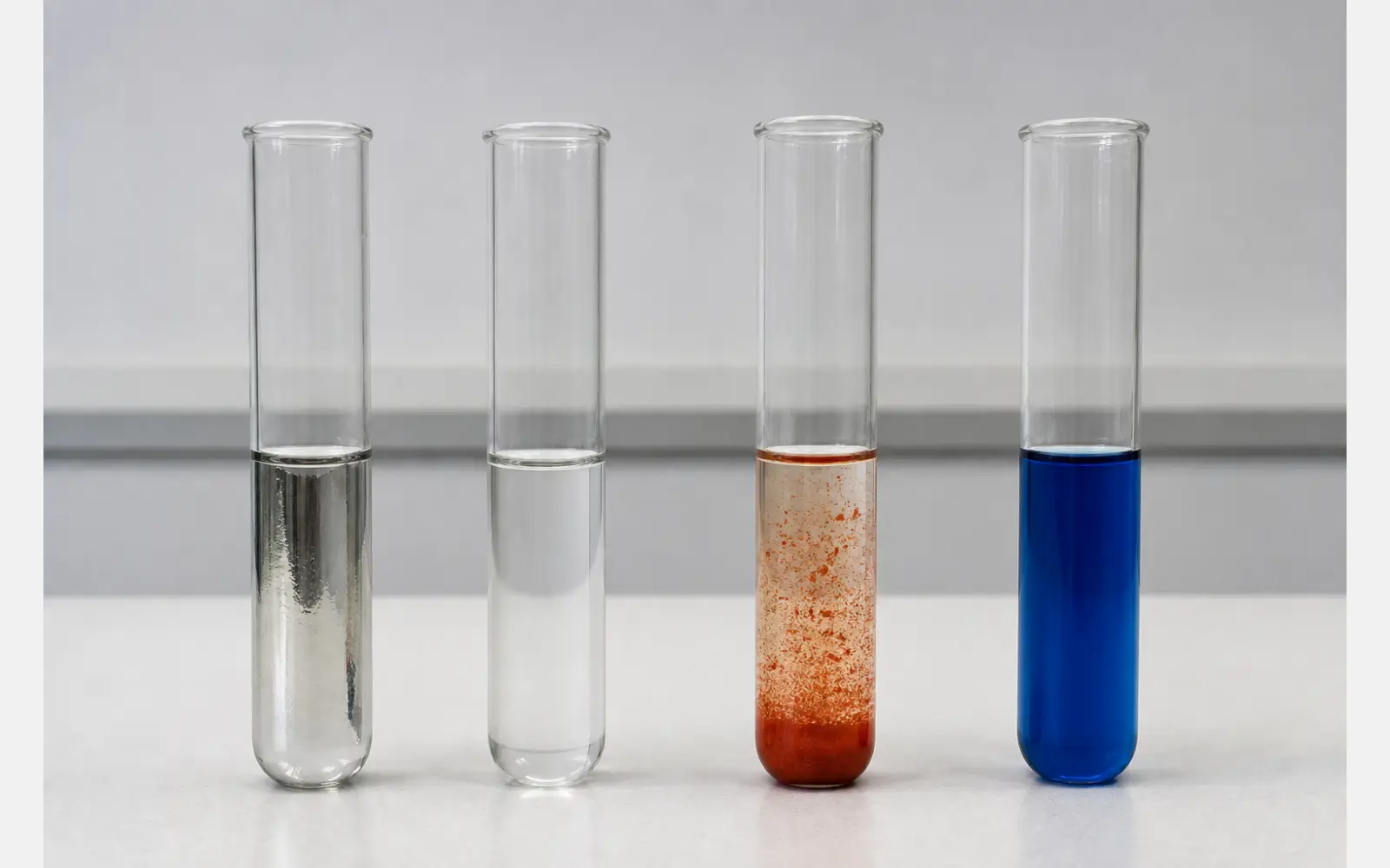 Four labelled test tubes compare aldehyde positive and ketone negative results. Tollens' reagent deposits reflective silver on the inside glass wall for the aldehyde while the ketone control remains clear. Fehling's solution forms a particulate brick-red copper(I) oxide precipitate for the aldehyde while the ketone control remains uniformly blue.