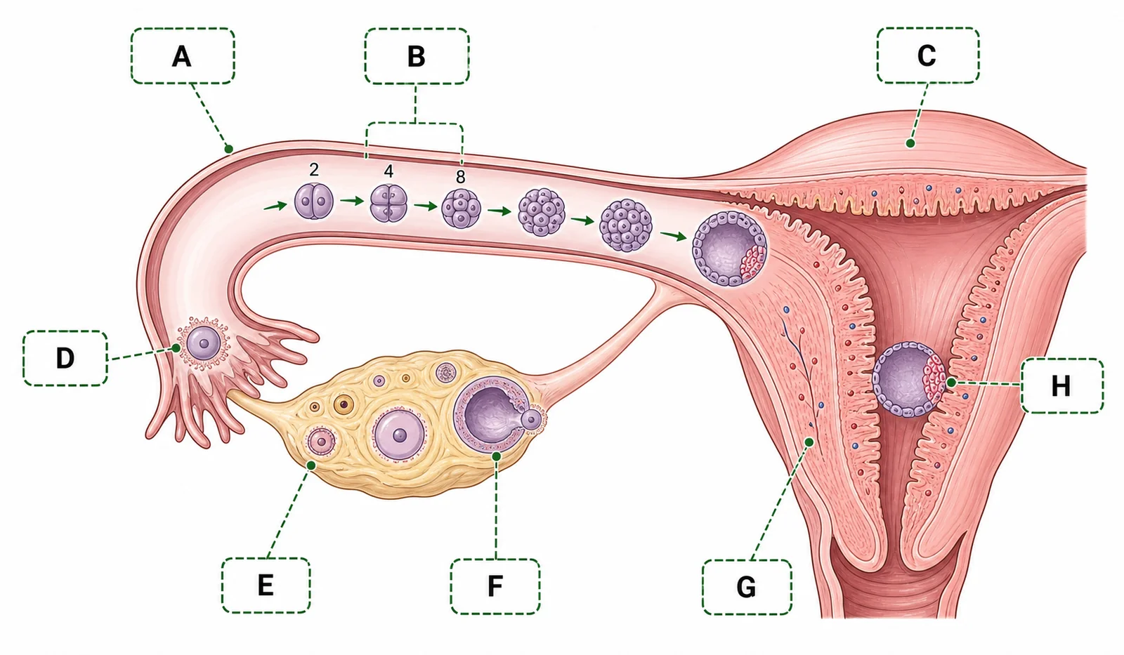 Label the journey from oviduct to uterus