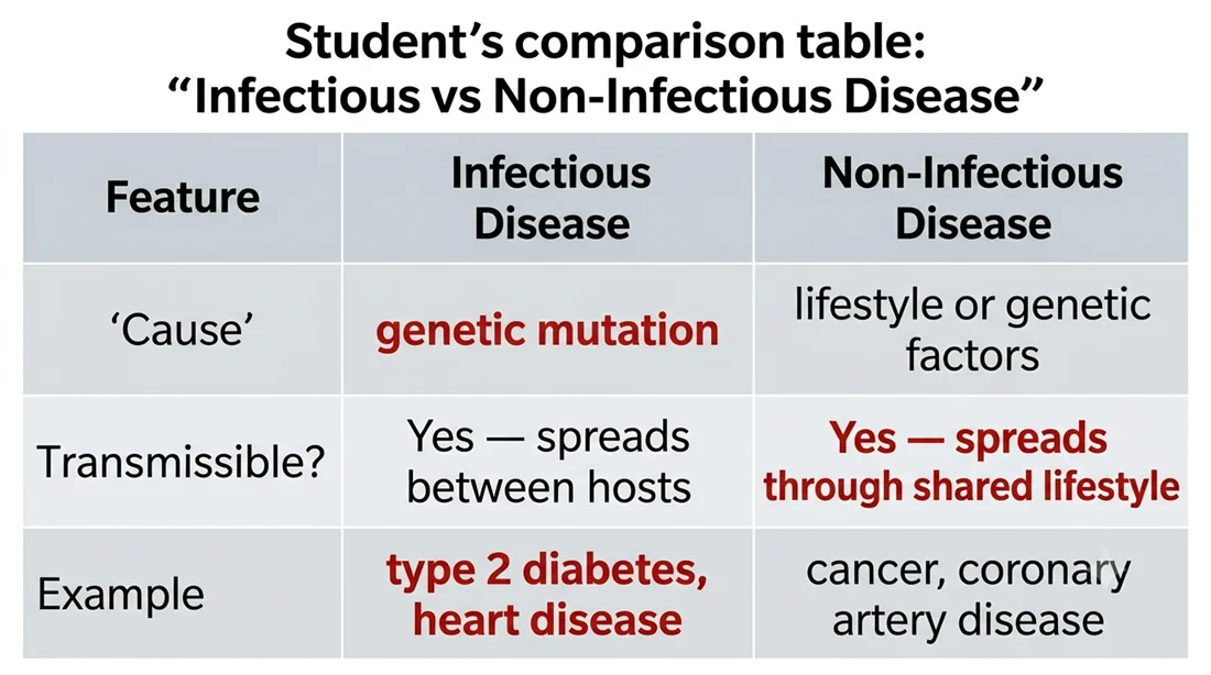 Student comparison table: infectious vs non-infectious disease