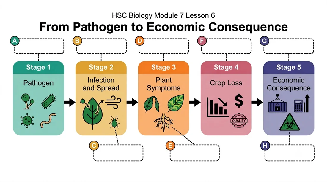From pathogen to economic consequence, five-stage flow