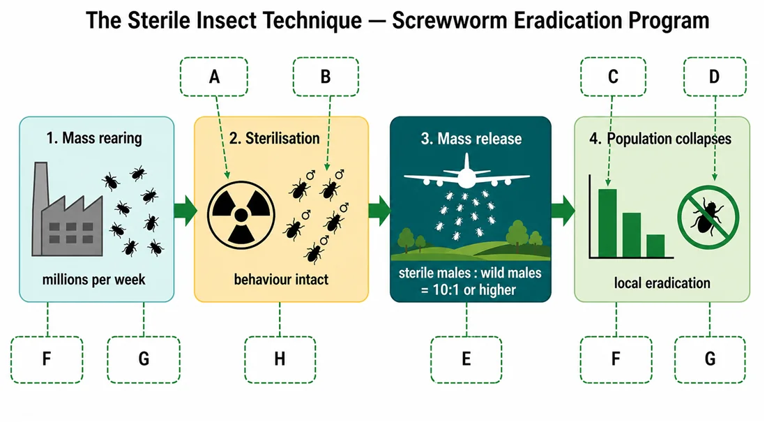 Sterile insect technique, screwworm eradication flow